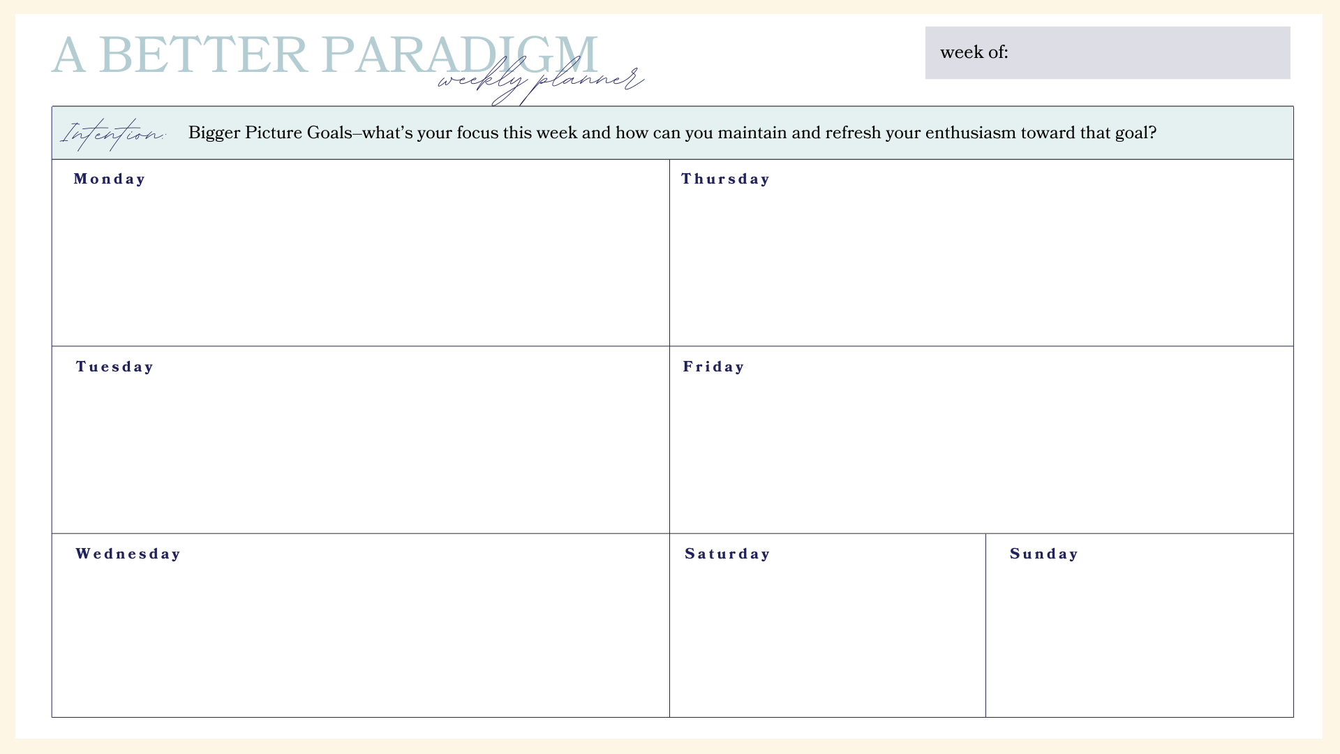 Bigger Picture Goals–what’s your focus this week and how can you maintain and refresh your enthusiasm toward that goal?