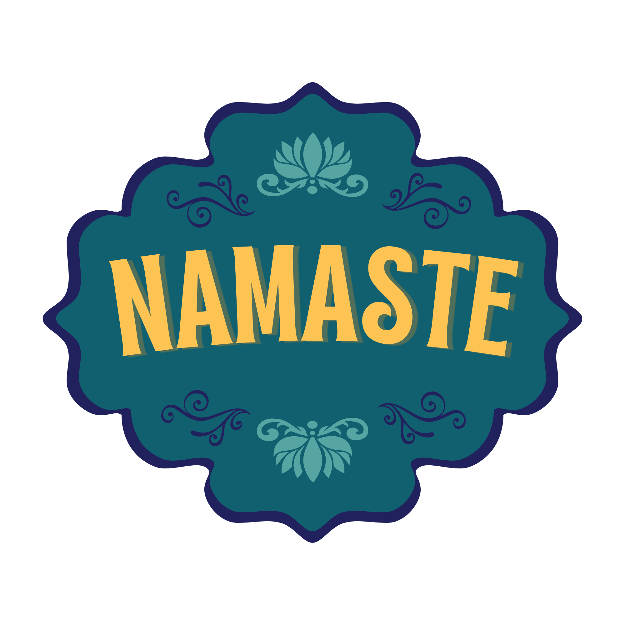 "Namaste" typed in a retro vintage font on a blue, flower-like shape