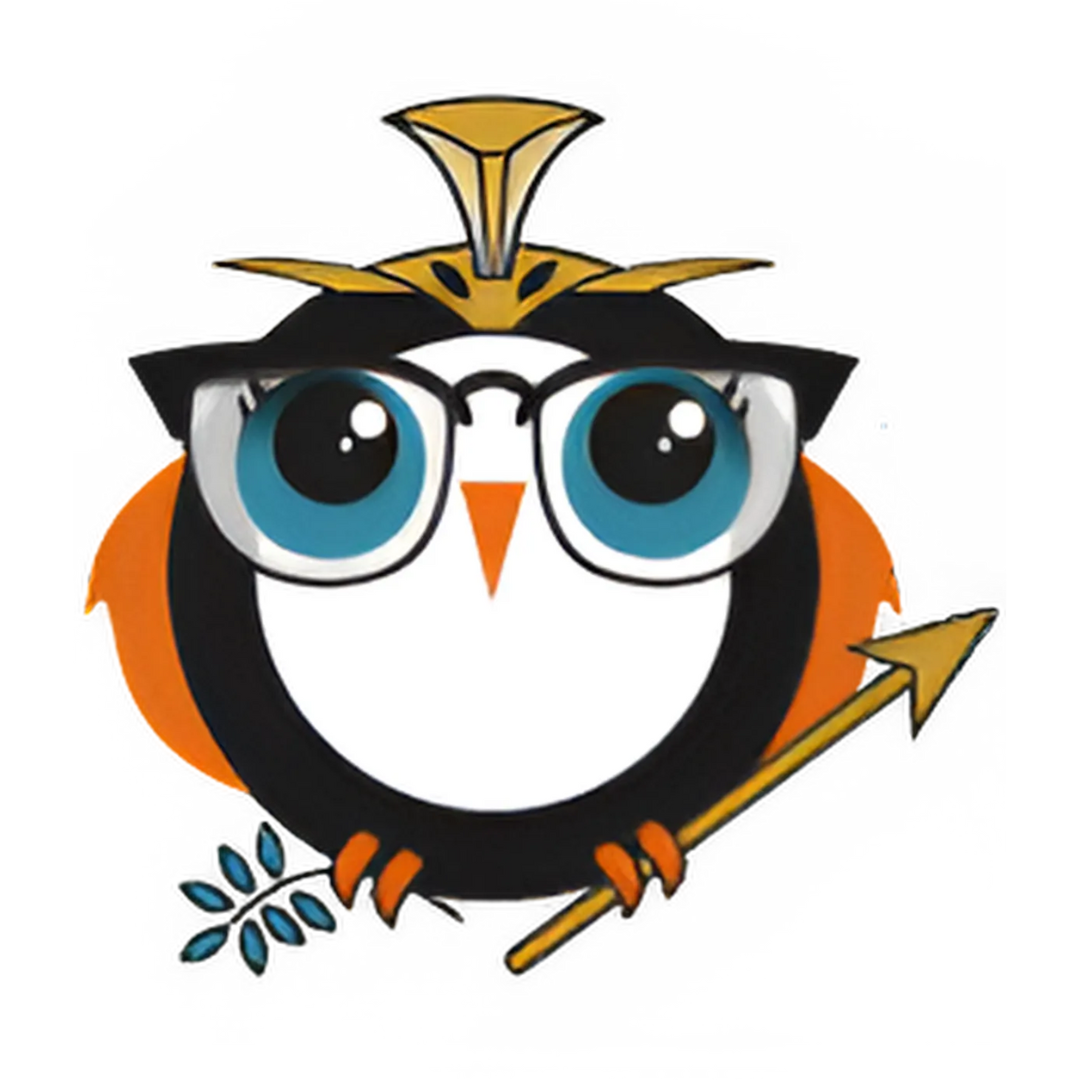 Owl logo wearing a crown holds a branch and arrow.